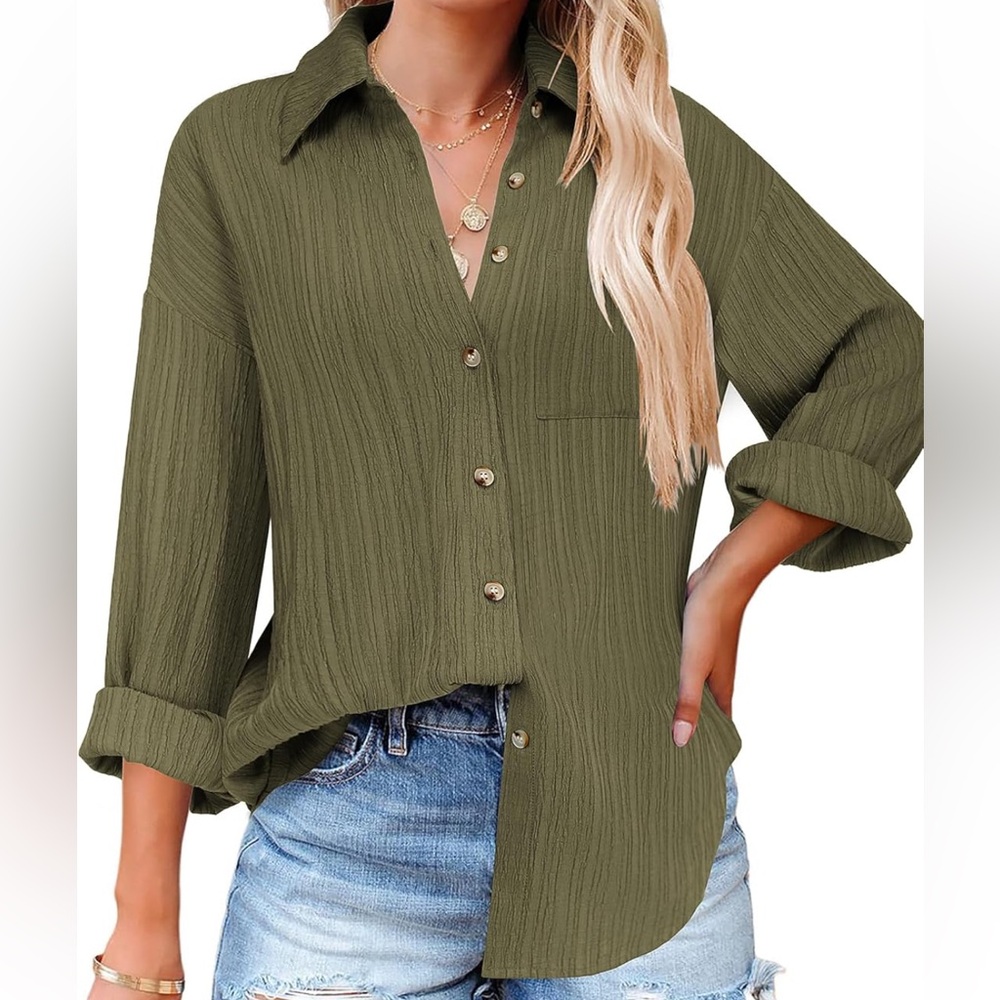 Green Button Down Shirt Casual Long Sleeve Textured Collar Blouse Top XL NWOT